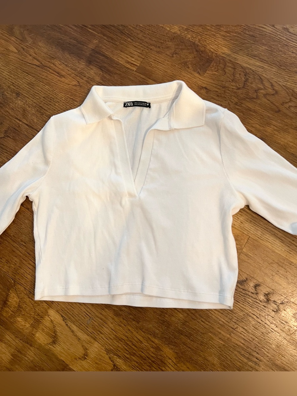 Zara White Ribbed Open V Polo Crop Top